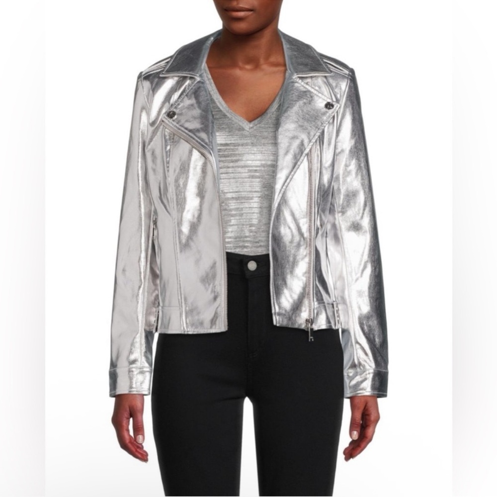 Karl Lagerfeld Silver Metallic Moto Leather Jacket Sz XS